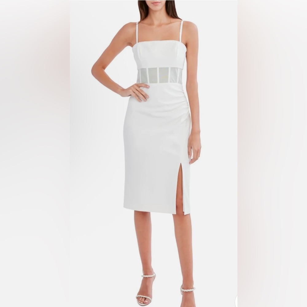 BCBGMaxAria Sleeveless Ruched Midi Dress with mesh corset insert